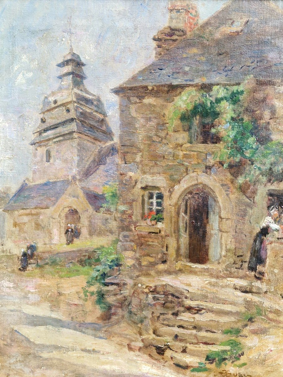 Tableau Rue De l'église Au Faouet Vers 1900 école Bretonne Notre Dame De  l'Assomption -photo-3