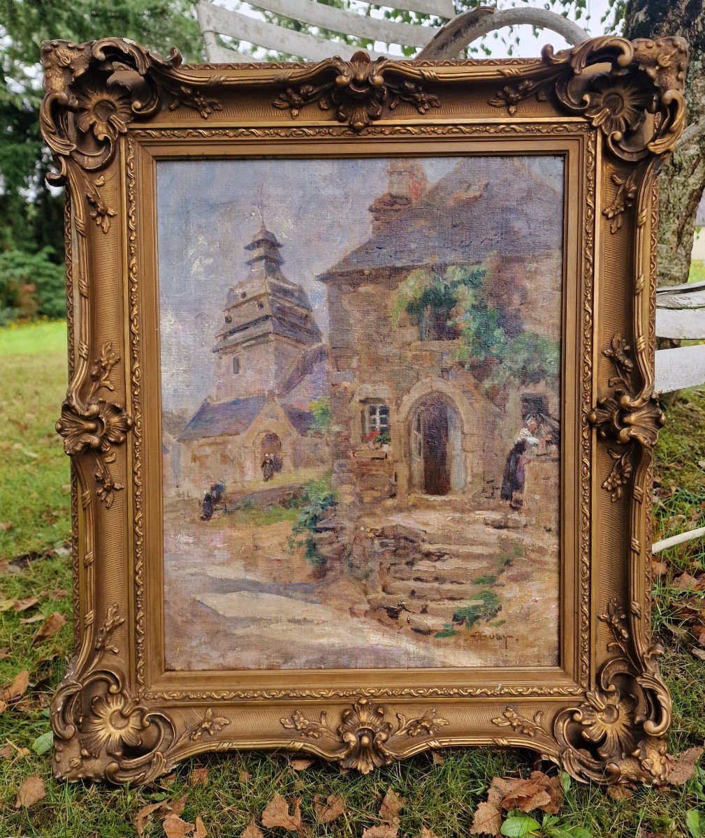 Tableau Rue De l'église Au Faouet Vers 1900 école Bretonne Notre Dame De  l'Assomption 