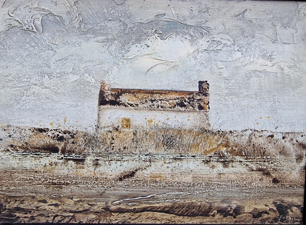 Tableau Huile Sur Toile Par Jean Batail Lyon Chaumière En Marais De Brière Vendée -photo-2