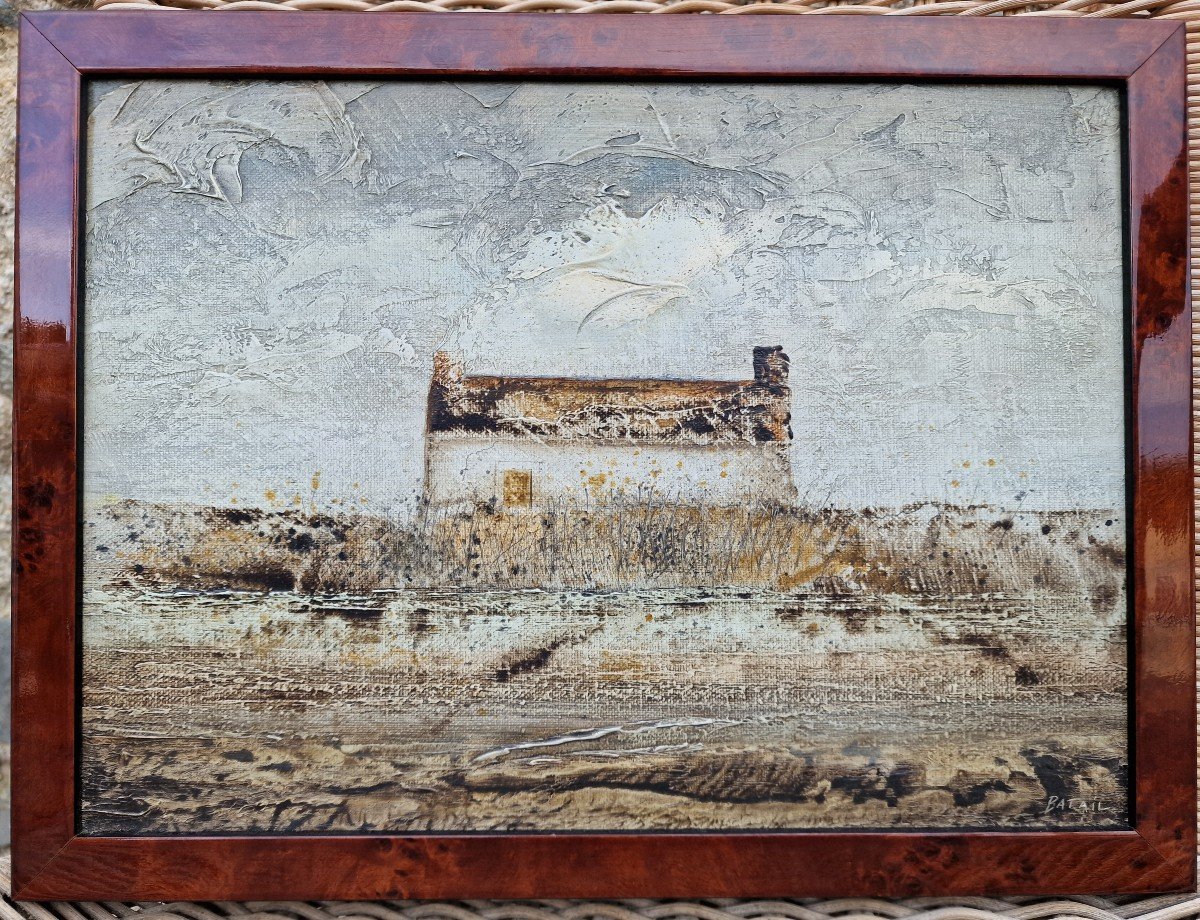 Tableau Huile Sur Toile Par Jean Batail Lyon Chaumière En Marais De Brière Vendée 