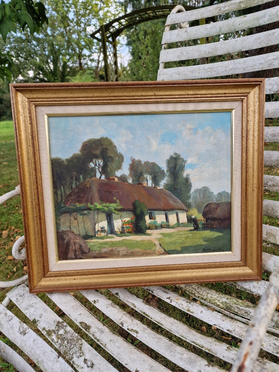 Tableau Femme à La Chaumière Ferme En Brière Par émile Gautier Vers 1950 Vendée-photo-3