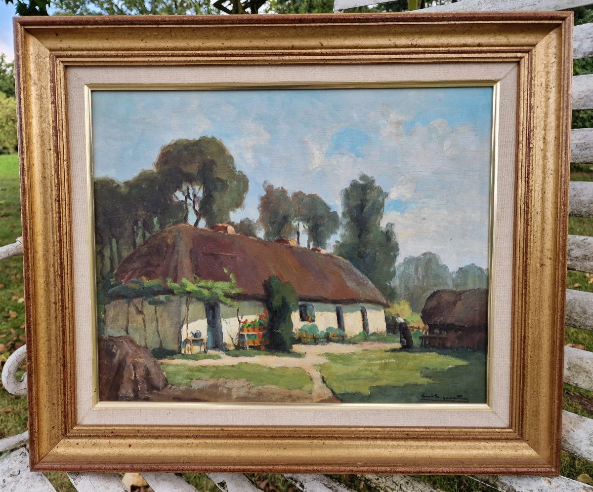 Tableau Femme à La Chaumière Ferme En Brière Par émile Gautier Vers 1950 Vendée-photo-4