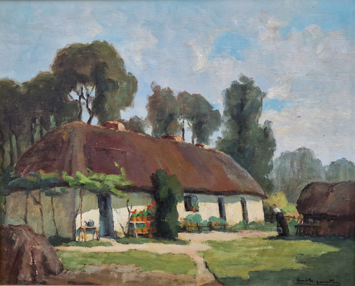 Tableau Femme à La Chaumière Ferme En Brière Par émile Gautier Vers 1950 Vendée