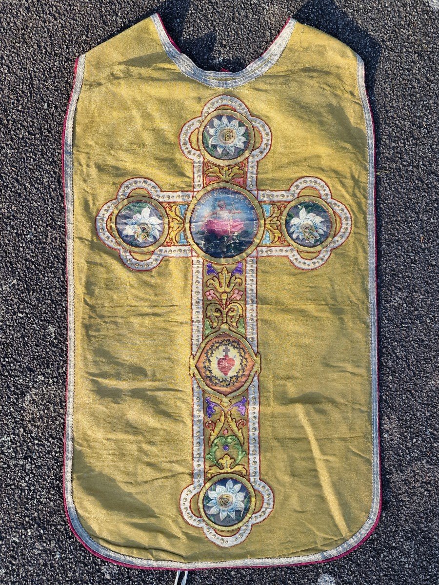 Chasuble With 7 Medallions Painted With Gold Threads, With Its Stole And Manipule, Liturgical Vestments-photo-2