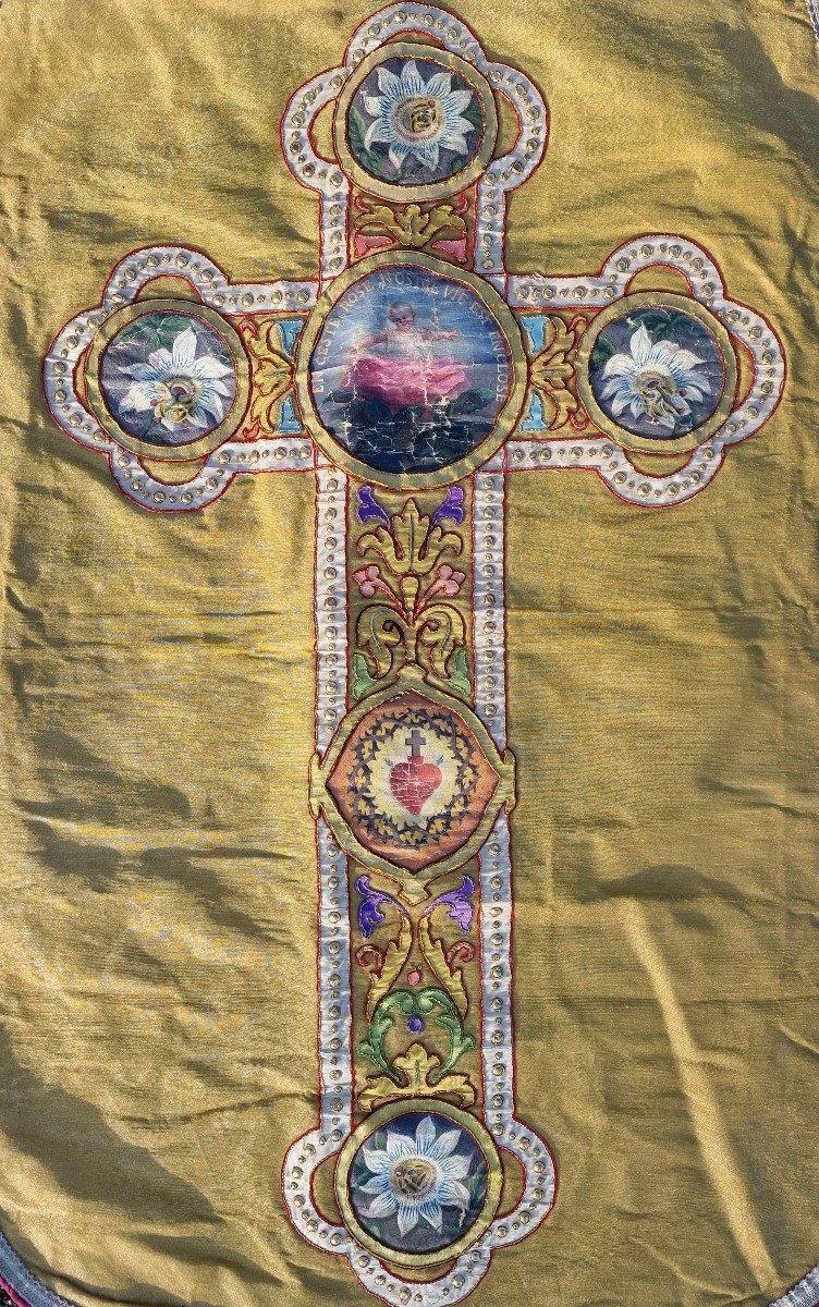 Chasuble With 7 Medallions Painted With Gold Threads, With Its Stole And Manipule, Liturgical Vestments-photo-3