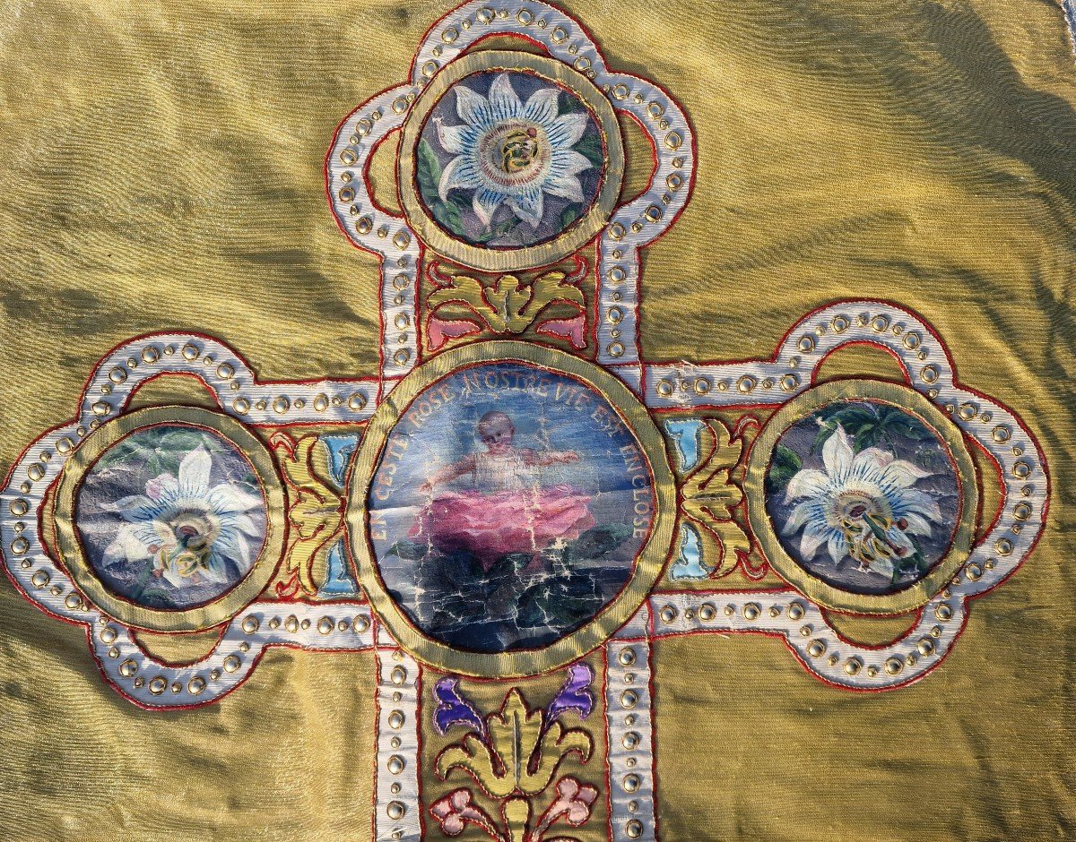 Chasuble With 7 Medallions Painted With Gold Threads, With Its Stole And Manipule, Liturgical Vestments-photo-4