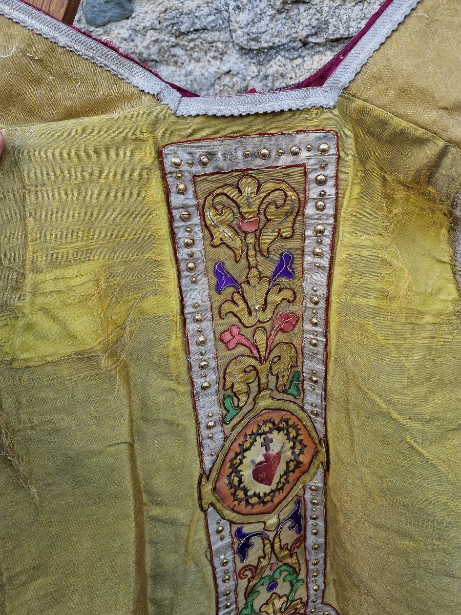 Chasuble With 7 Medallions Painted With Gold Threads, With Its Stole And Manipule, Liturgical Vestments-photo-3