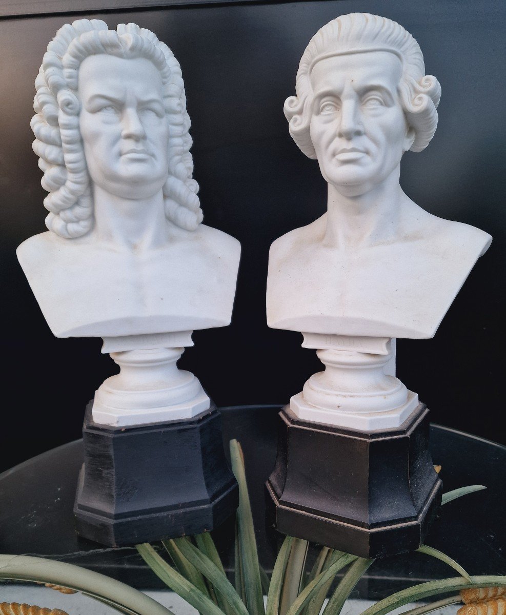 Pair Of Porcelain Busts Of Composers Franz Joseph Haydn And Johann Sebastian Bach