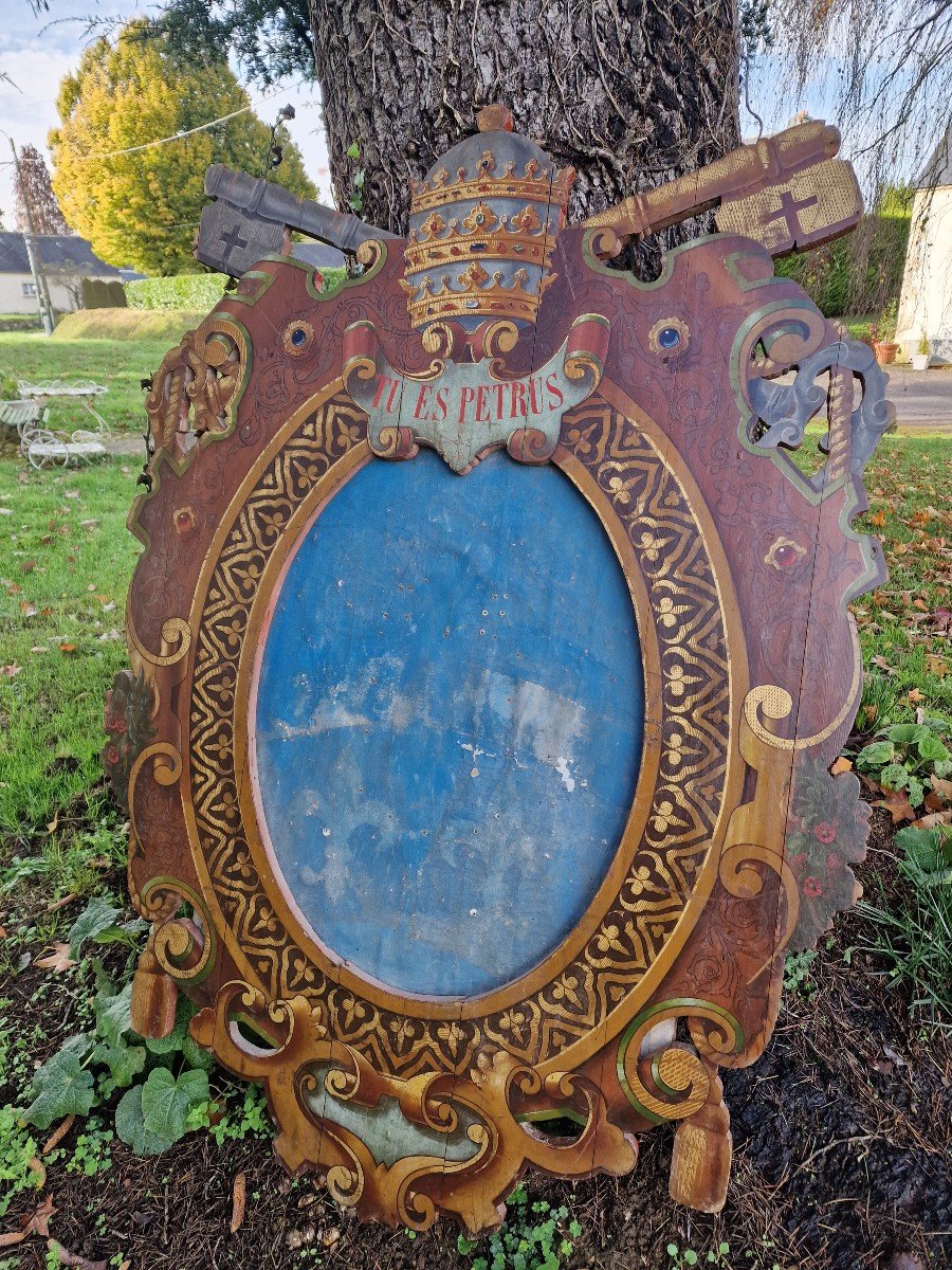 Arms Holder Pontifical Coat Of Arms In Polychrome Painted Wood Tu Es Petrus-photo-2