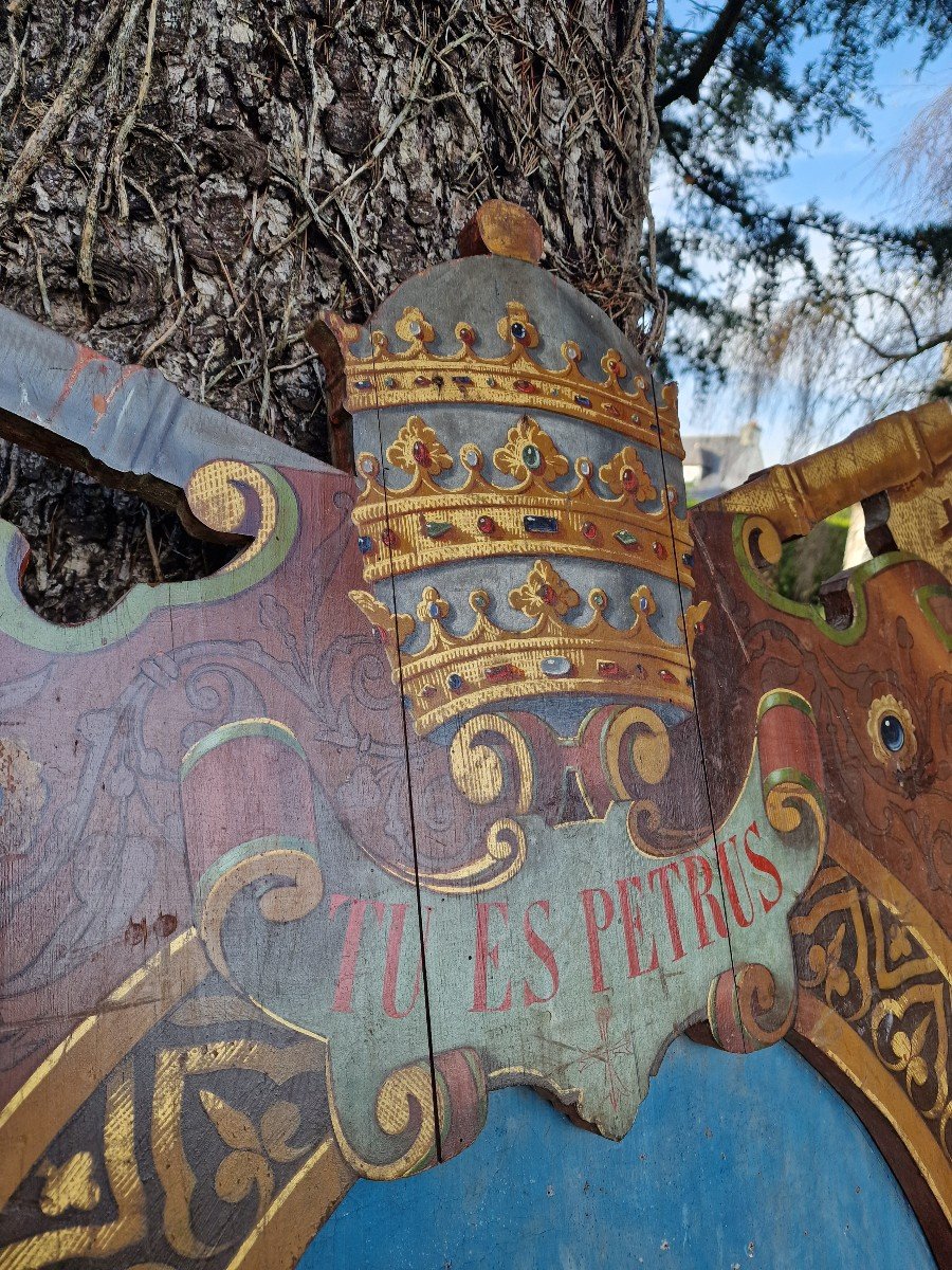 Arms Holder Pontifical Coat Of Arms In Polychrome Painted Wood Tu Es Petrus-photo-3