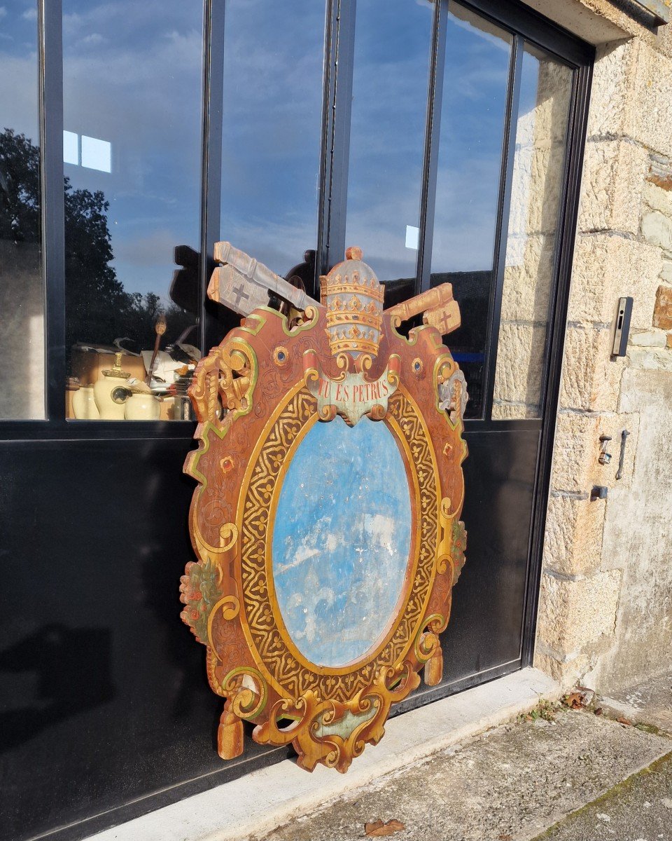 Arms Holder Pontifical Coat Of Arms In Polychrome Painted Wood Tu Es Petrus-photo-2