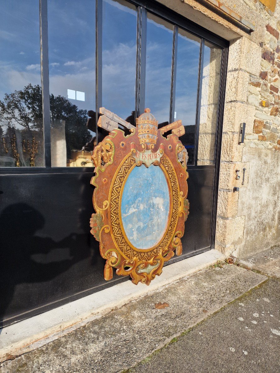 Arms Holder Pontifical Coat Of Arms In Polychrome Painted Wood Tu Es Petrus-photo-3