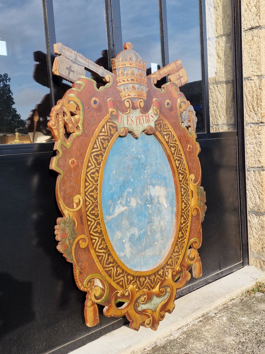 Arms Holder Pontifical Coat Of Arms In Polychrome Painted Wood Tu Es Petrus-photo-4