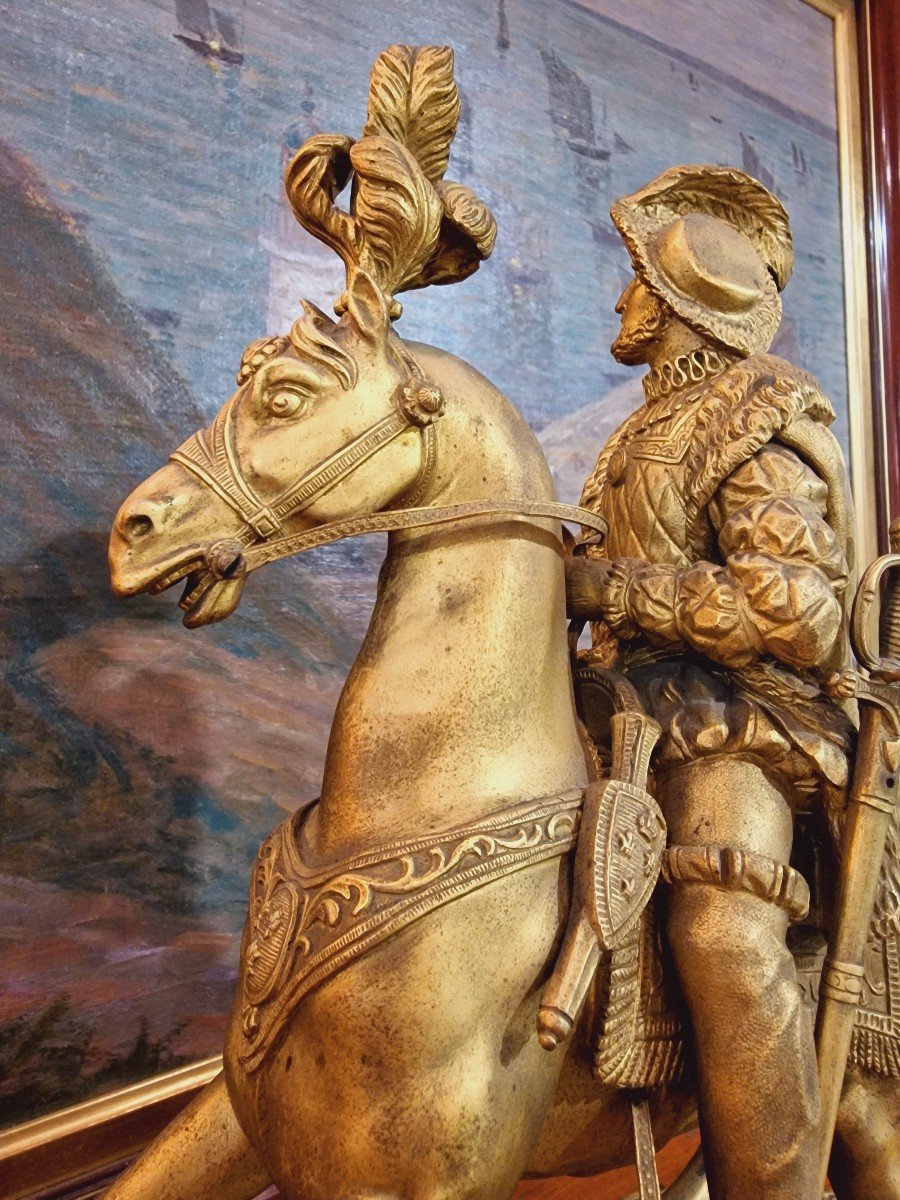 Statue équestre Du Roi François 1er Cavalier Cheval Bronze Doré Statue Royale Chateau Chambord-photo-2