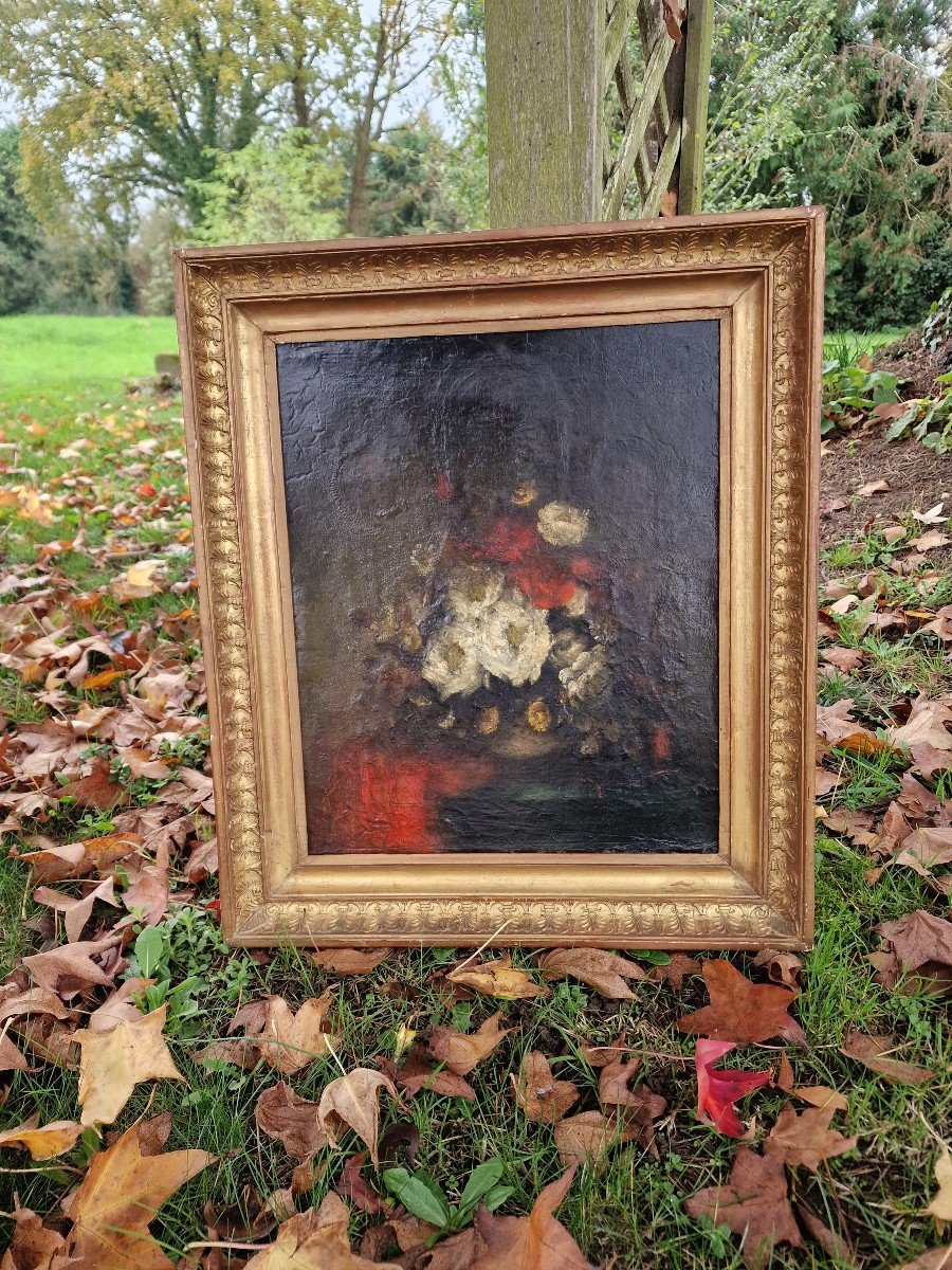 Painting With A Bouquet Of Pink Flowers On A Table Circa 1860 In The Style Of N Diaz De La Peña-photo-4