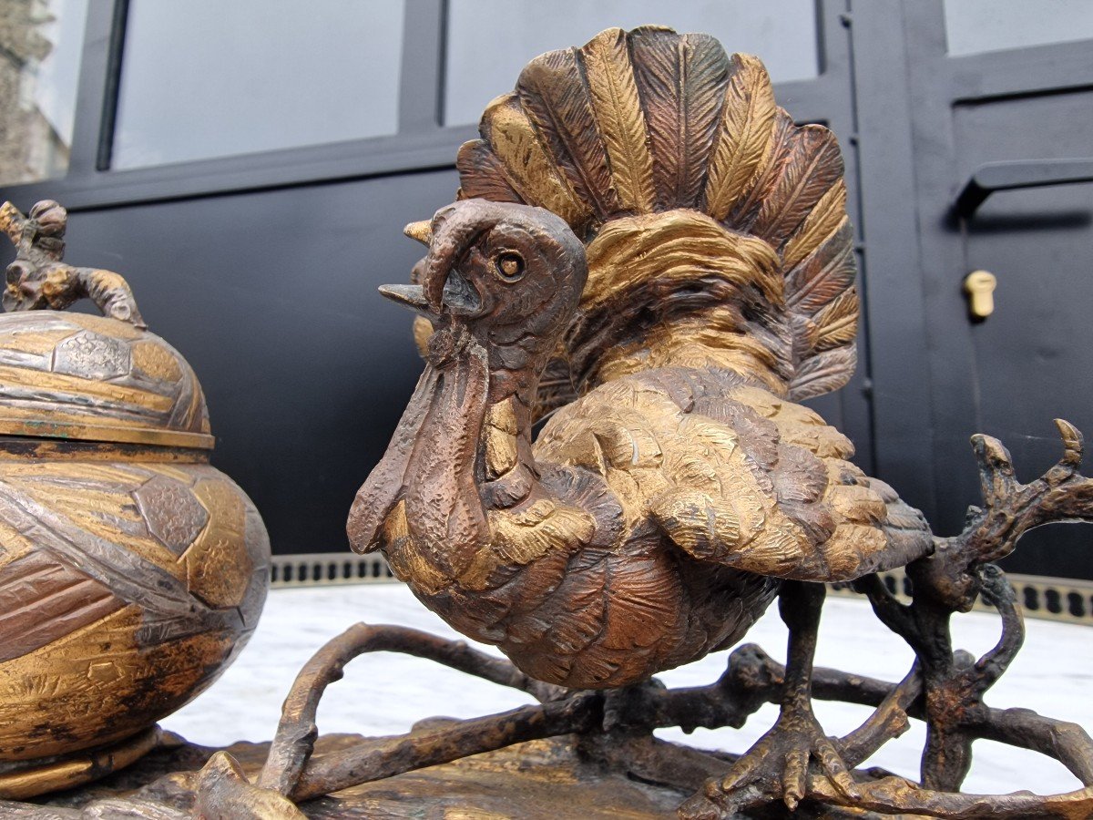 Large Japanese-style Turkey Cock Inkwell Patina Silver, Copper And Gold -photo-6