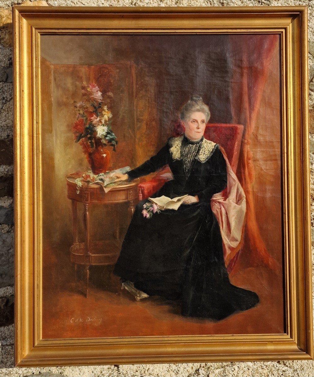 Portrait Of A Notable Bourgeois Woman Around 1900 Gueridon With A Bouquet Of Flowers Desliens Sisters.