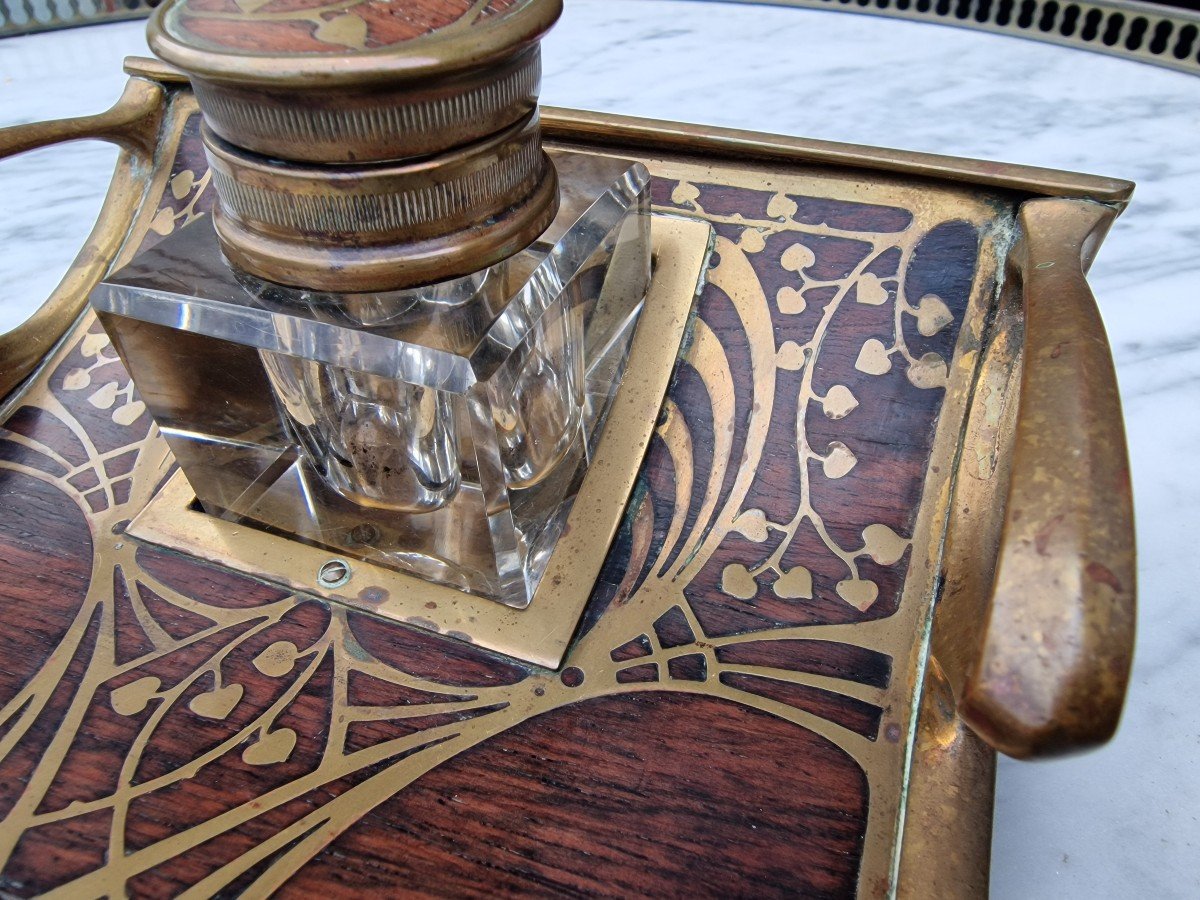 Art Nouveau Inkwell By Erhard & Söhne Jugendstil 1900 Austria Bronze And Rosewood-photo-1