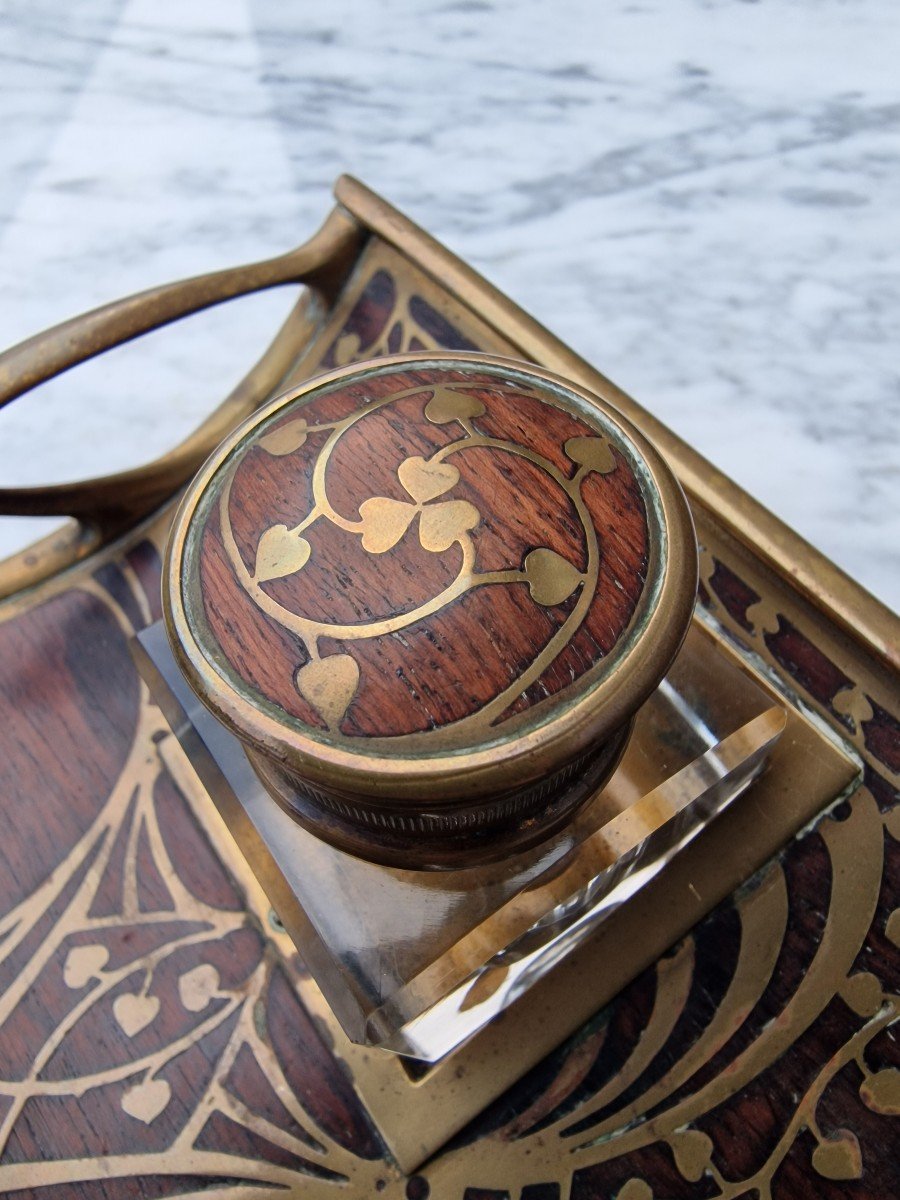 Art Nouveau Inkwell By Erhard & Söhne Jugendstil 1900 Austria Bronze And Rosewood-photo-2