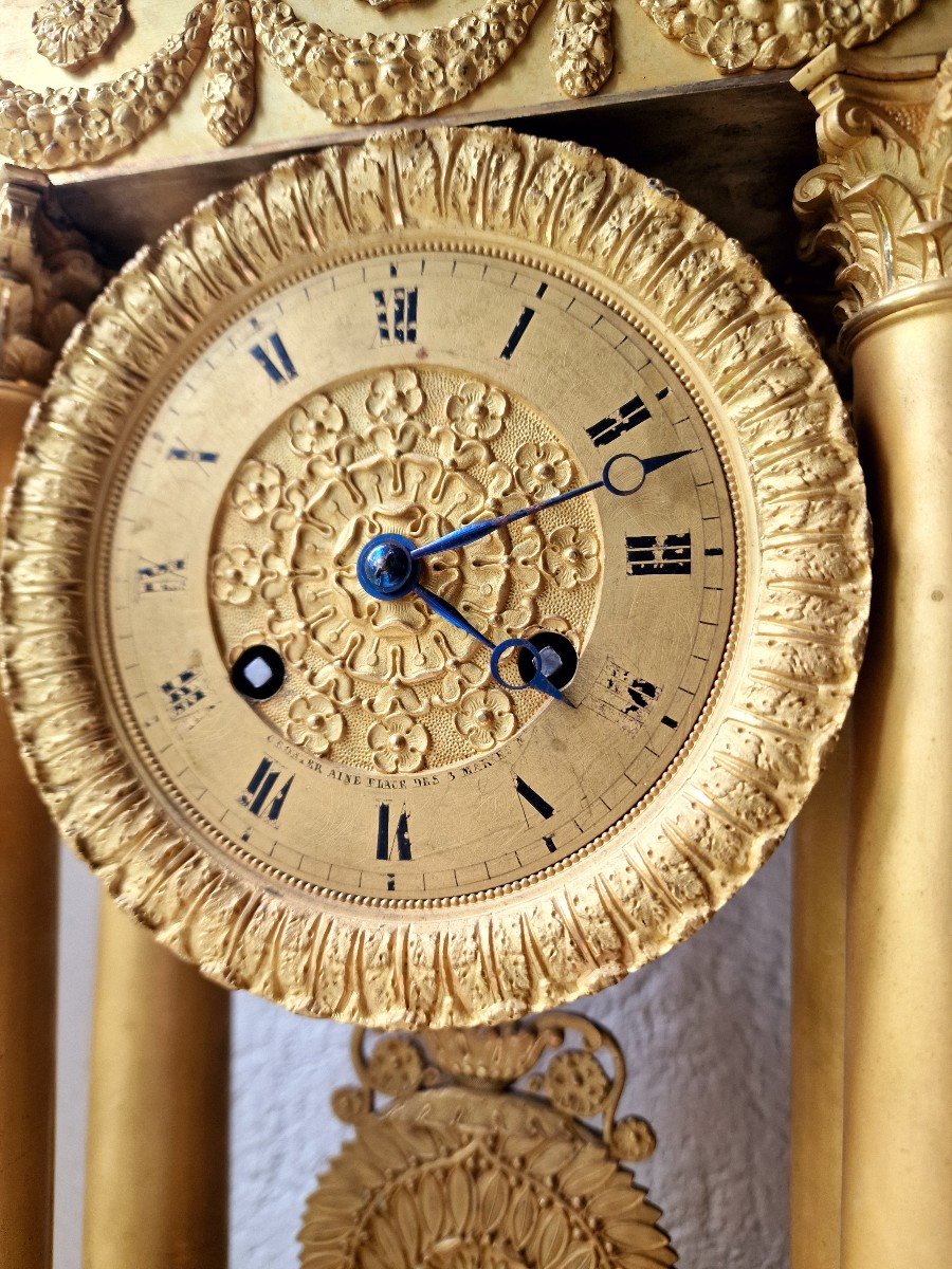 Large Portico Clock Restoration Period Gilt Bronze Cronier Ainé Place Des 3 Mariés Paris-photo-4