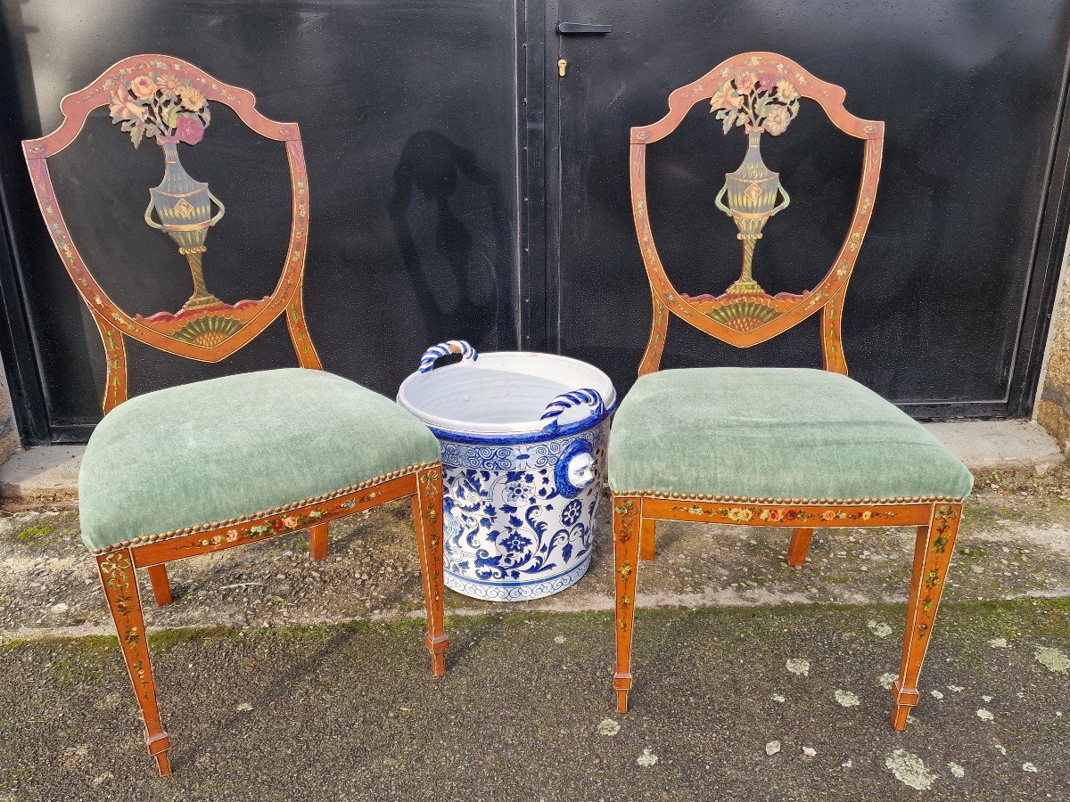 Pair Of Hepplewhite Style George England Polychrome Painted Lemonwood Chairs-photo-2