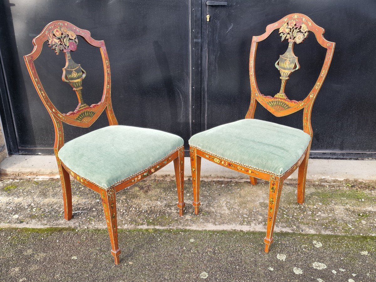 Pair Of Hepplewhite Style George England Polychrome Painted Lemonwood Chairs-photo-3