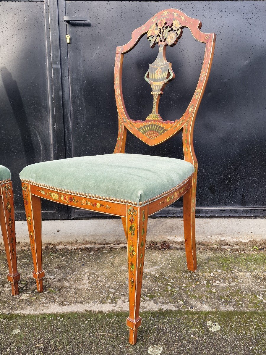 Pair Of Hepplewhite Style George England Polychrome Painted Lemonwood Chairs-photo-5