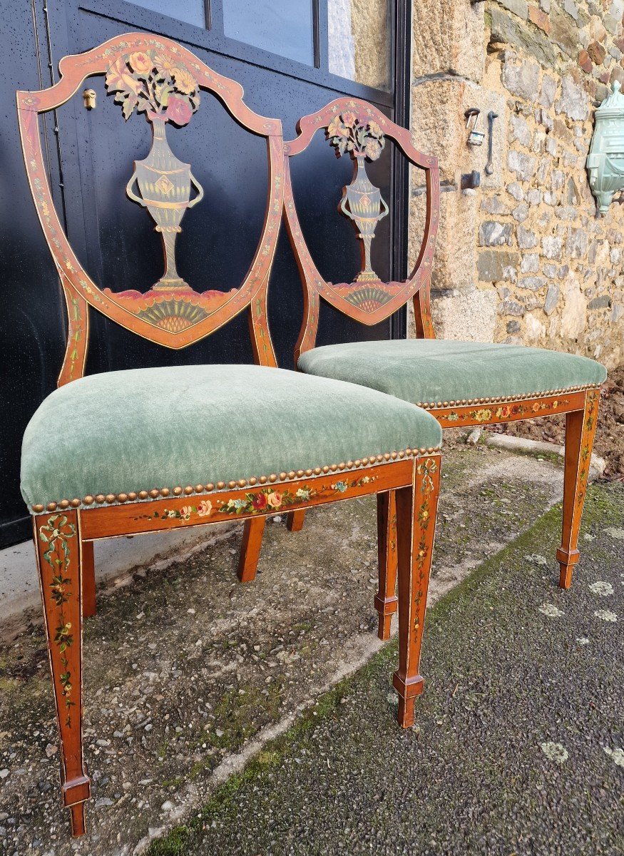 Pair Of Hepplewhite Style George England Polychrome Painted Lemonwood Chairs