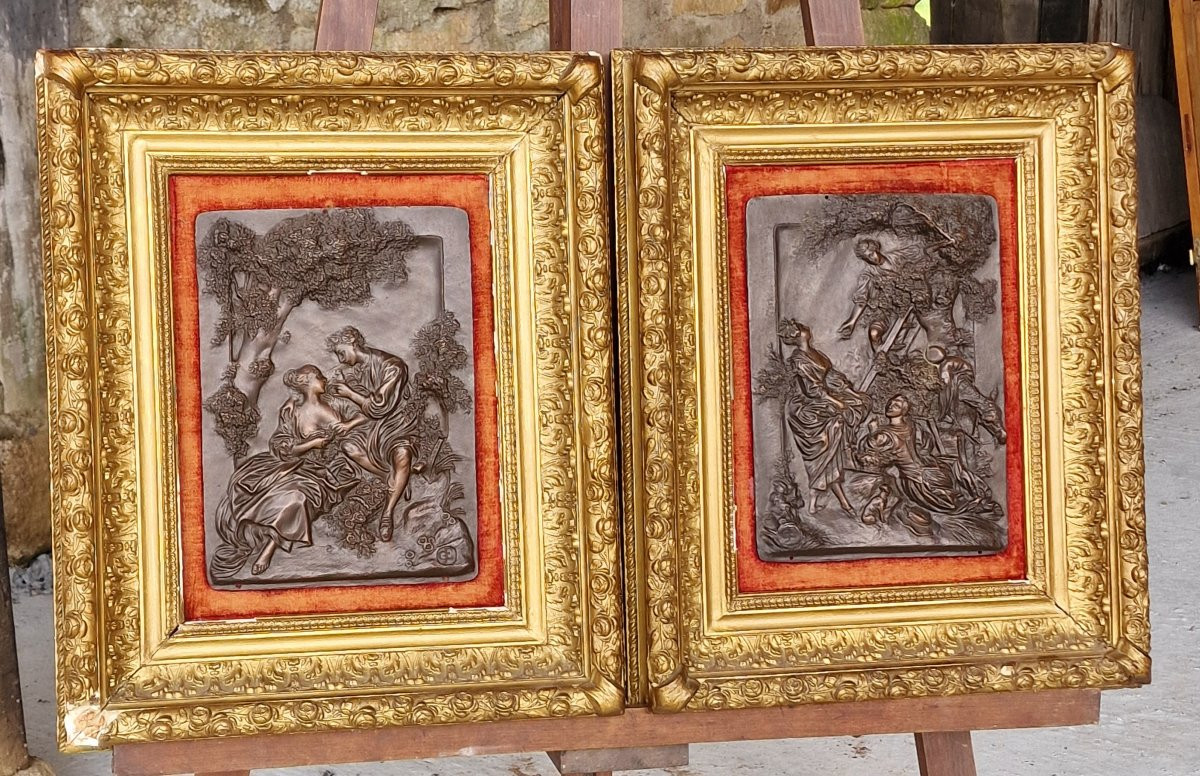 Pair Of Framed Patinated Bronze Plaques Depicting Romantic Scenes By Fragonard-photo-2