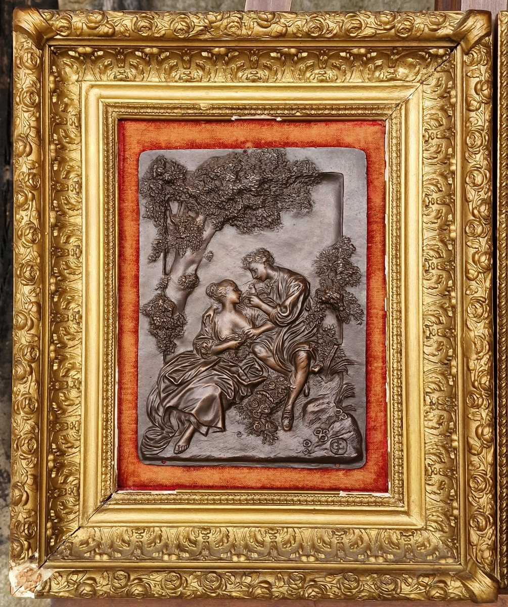 Pair Of Framed Patinated Bronze Plaques Depicting Romantic Scenes By Fragonard-photo-3