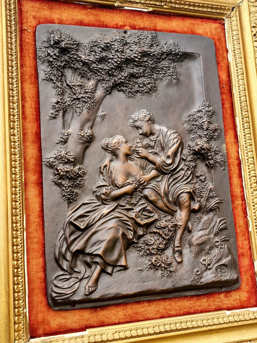 Pair Of Framed Patinated Bronze Plaques Depicting Romantic Scenes By Fragonard-photo-2