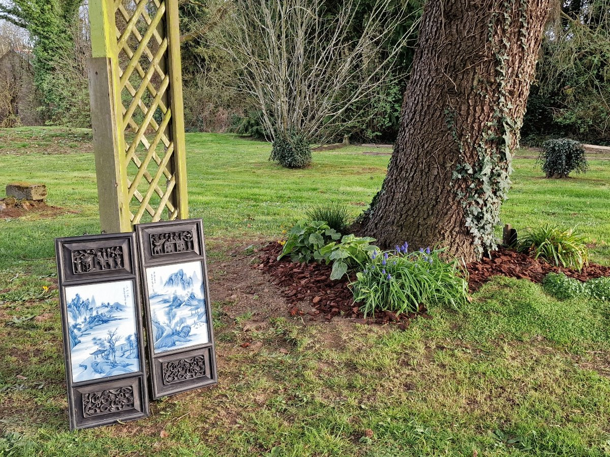 Pair Of Chinese Wooden Panels And Porcelain Plaque White Blue Asian Art-photo-2