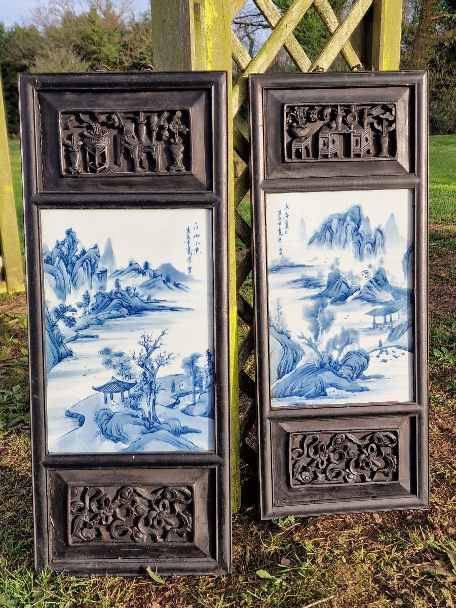 Pair Of Chinese Wooden Panels And Porcelain Plaque White Blue Asian Art-photo-3