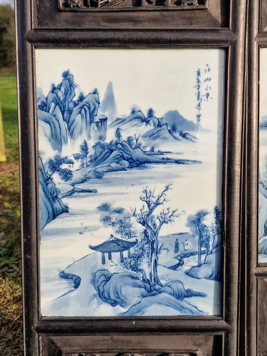 Paire De Panneaux Chinois En Bois Et Plaque De Porcelaine Blanc Bleu Art Asiatique-photo-4