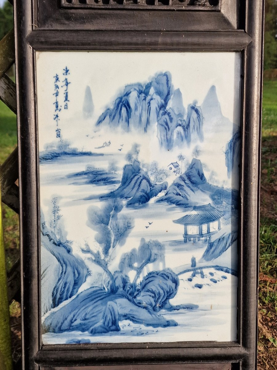 Pair Of Chinese Wooden Panels And Porcelain Plaque White Blue Asian Art-photo-1