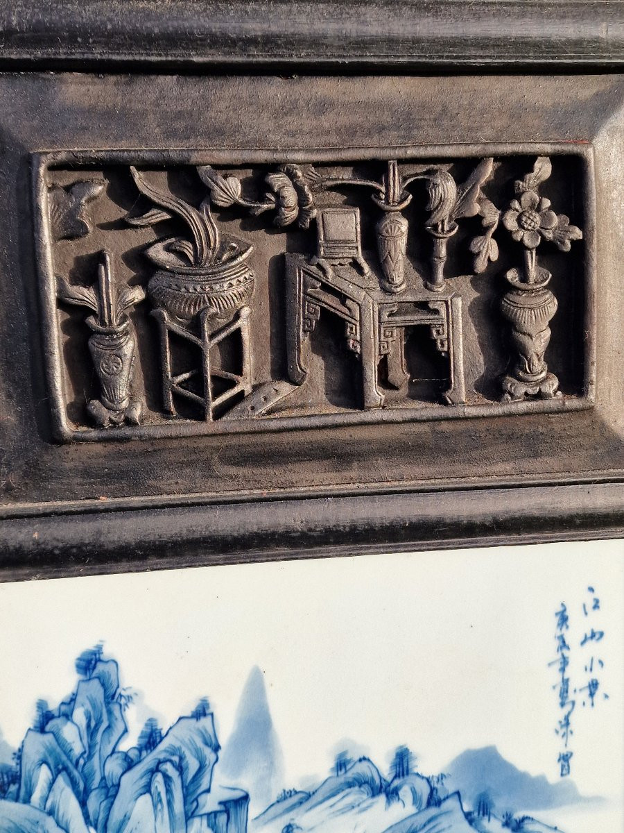 Paire De Panneaux Chinois En Bois Et Plaque De Porcelaine Blanc Bleu Art Asiatique-photo-2