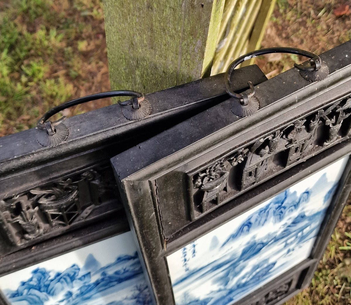 Paire De Panneaux Chinois En Bois Et Plaque De Porcelaine Blanc Bleu Art Asiatique-photo-6