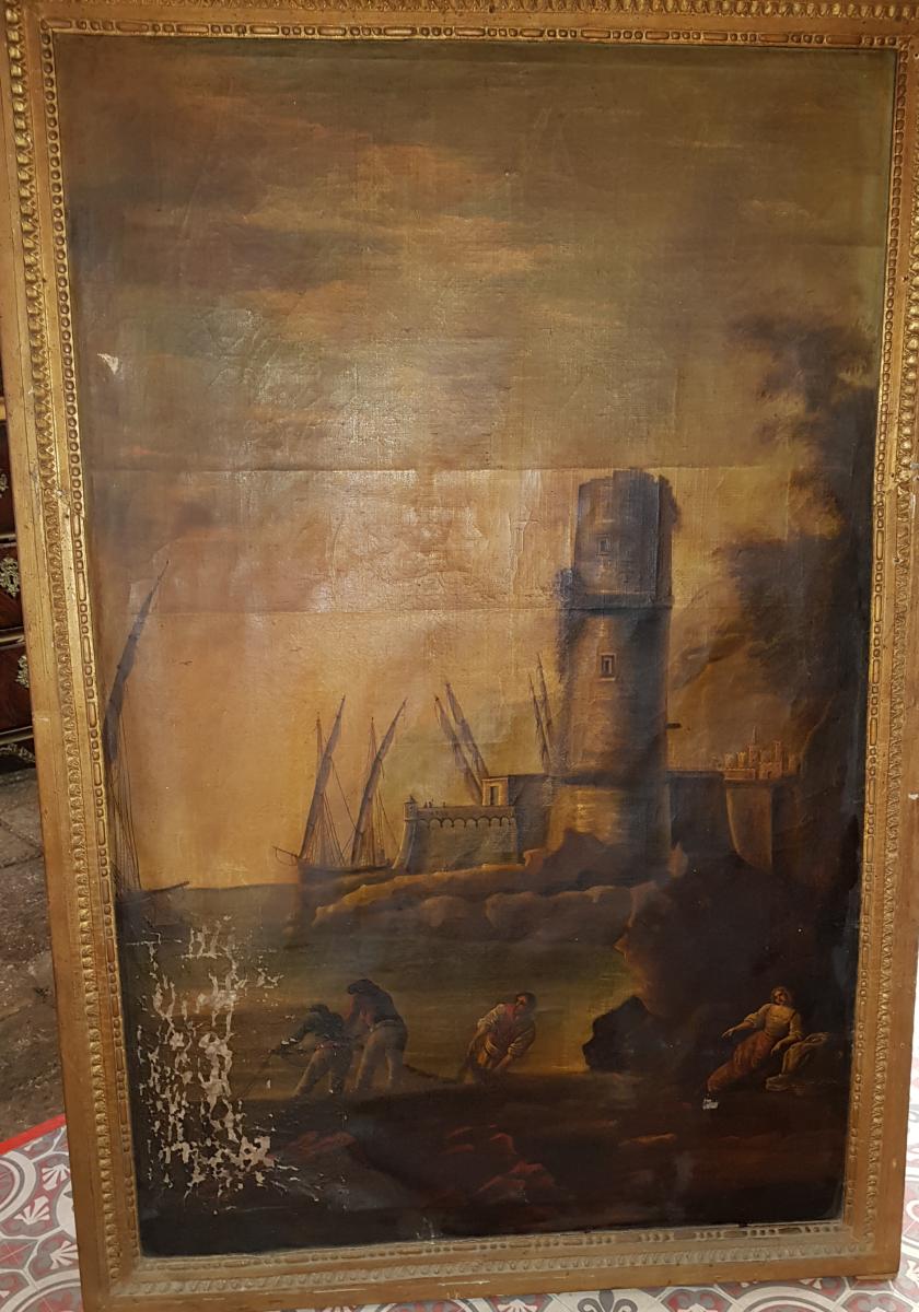 Tableau 18ème Scène Portuaire Avec Pêcheurs Et Voiliers Lacroix de Marseille