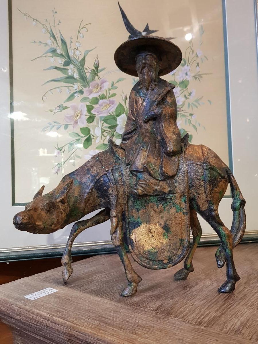Sculpture Japonaise Représentant Toba Sur Sa Mule Fonte Fer-photo-2