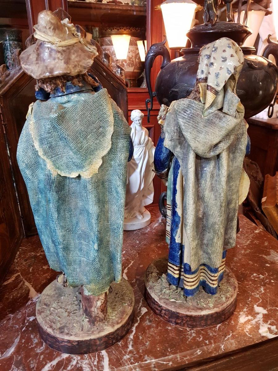 Pair Of Statues Signed Achille Barbizet After Palissy Italian Couple-photo-6