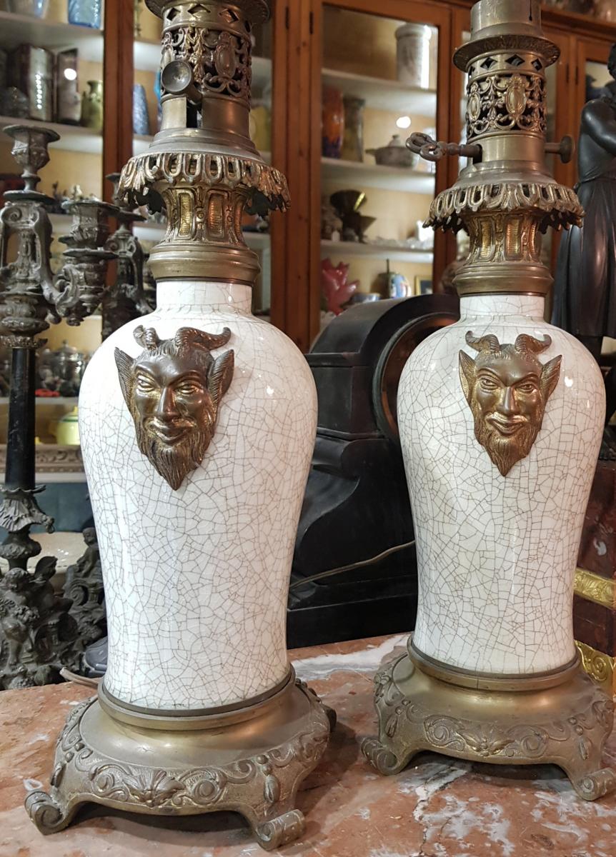 Pair Of Chinoisant Lamps Or Japonism Decor Satanic Napoleon III Chinese Porcelain-photo-6