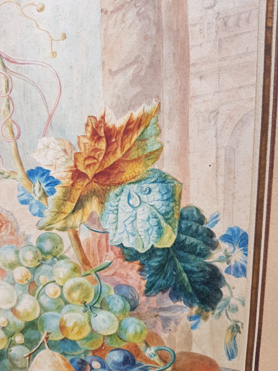 Aquarelle De Willem Van Leen (1753-1825) Fleurs,fruits Et Ruines Antiques.-photo-3