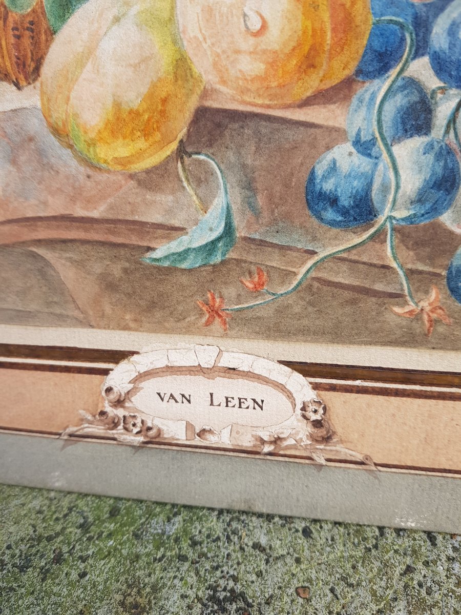 Aquarelle De Willem Van Leen (1753-1825) Fleurs,fruits Et Ruines Antiques.-photo-1
