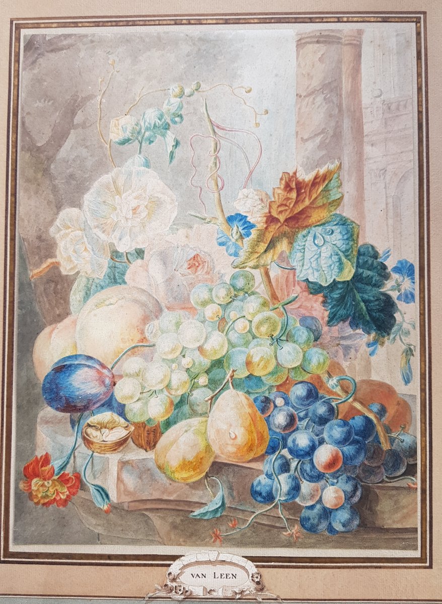 Aquarelle De Willem Van Leen (1753-1825) Fleurs,fruits Et Ruines Antiques.-photo-7