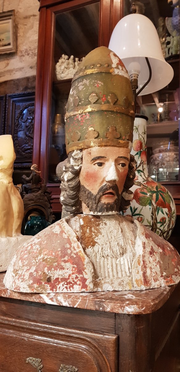 Bust Of Saint Corneille Cornely In Polychrome And Gilded Limestone