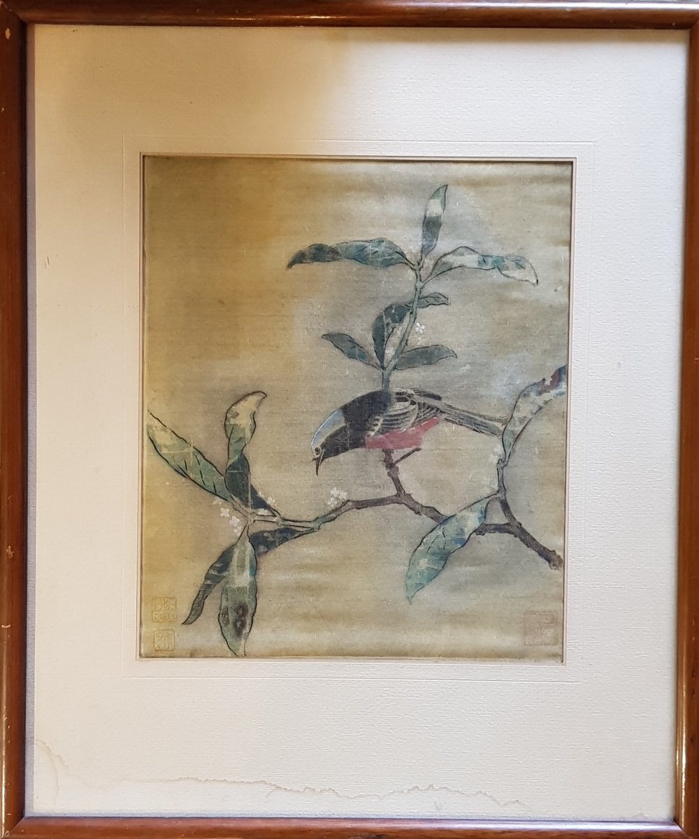 Chinese Or Japanese Print On Silk Bird Decor On Its Branch And Postmarks-photo-3