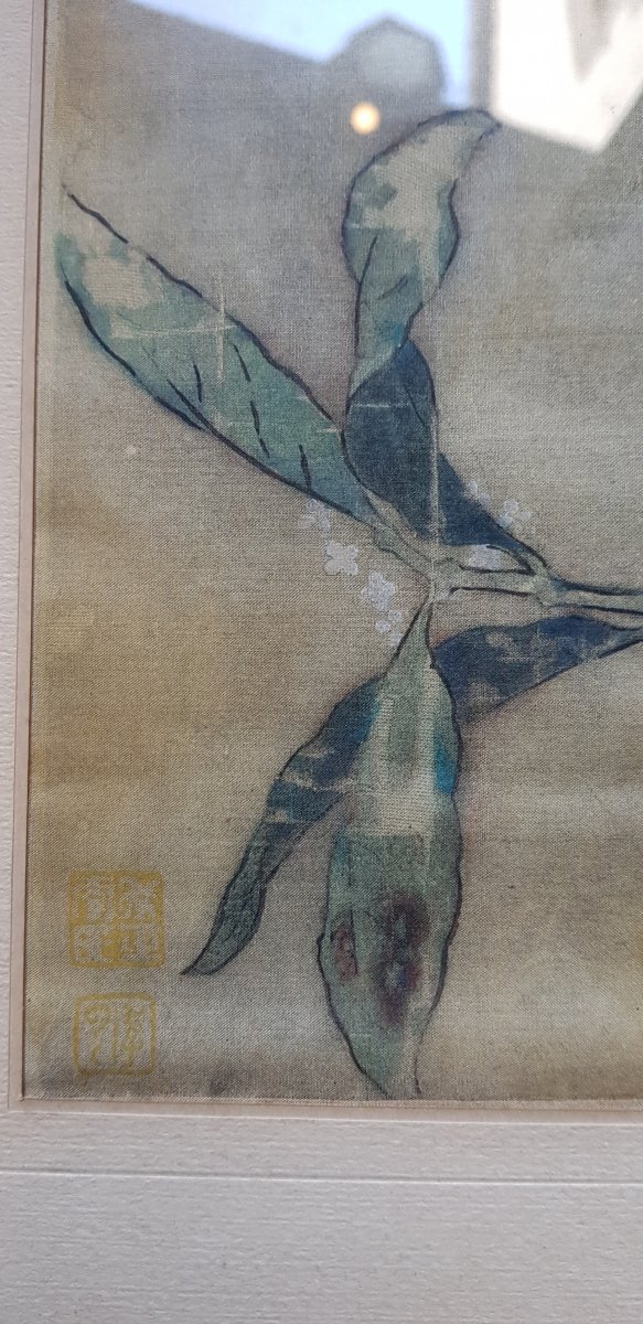 Estampe Chinoise Ou Japonaise Sur Soie Décor d'Oiseau Sur Sa Branche Et Cachets-photo-2