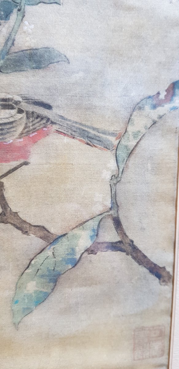 Chinese Or Japanese Print On Silk Bird Decor On Its Branch And Postmarks-photo-3