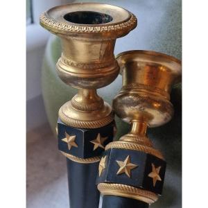 Pair Of Empire Candlesticks With Stars In Double Patina Bronze Attributed To Claude Galle