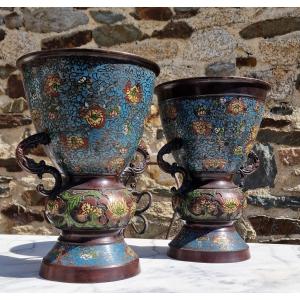 Paire De Vases Ou Brûle Parfum En Bronze Cloisonné Japonais époque Meiji